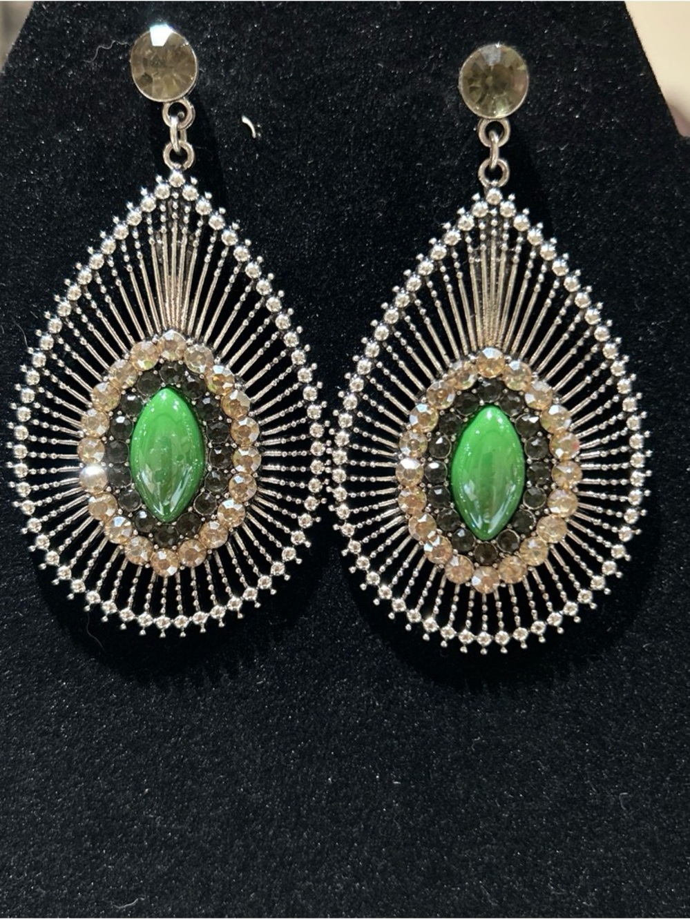 Green Teardrop Crystal Statement Earrings - Silver Tone